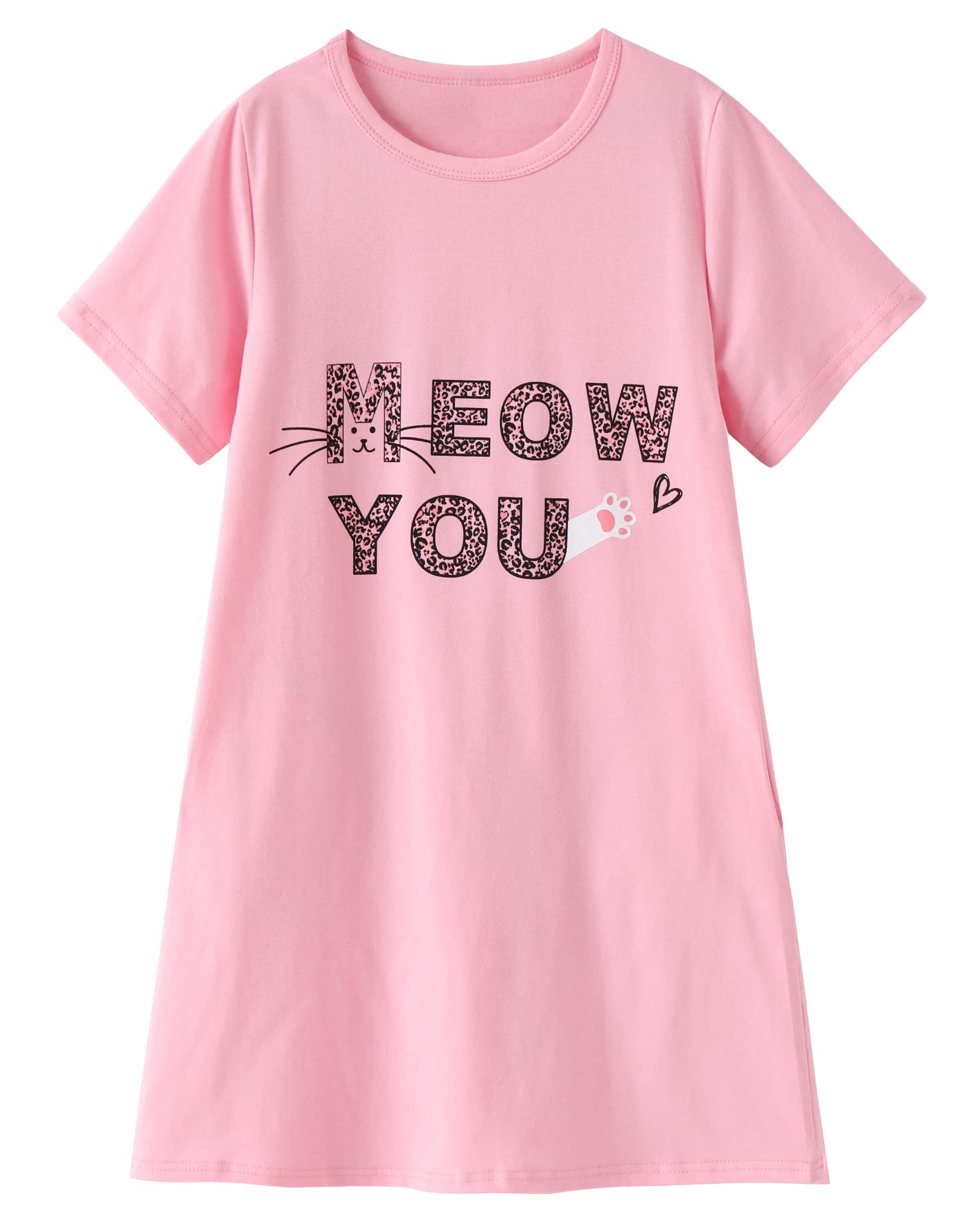 Hupohoi Big Girls' Short Sleeve Nightgown Lovely Cats Lazy Day Printed Sleep Dress PJS