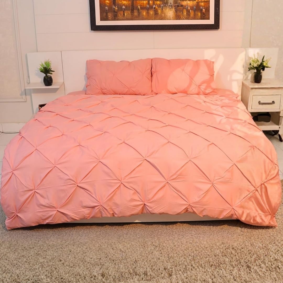 AHS - Single Pink Pintuck Duvet Cover Sheet - Comfy Bedding Set With Pillow Cases - Soft Durable Brushed Microfiber Quilt Cover - Breathable & Washable Duvet Bedding Set — image 1