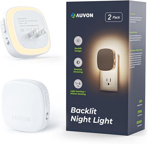 AUVON Plug-in Backlit Night Light 2-Pack with Motion & Dusk to Dawn Sensor, Dimmable 1-50lm Warm White for Bedroom AUVON Plug-in Backlit Night Light 2-Pack with Motion & Dusk to Dawn Sensor, Dimmable 1-50lm Warm White for Bedroom