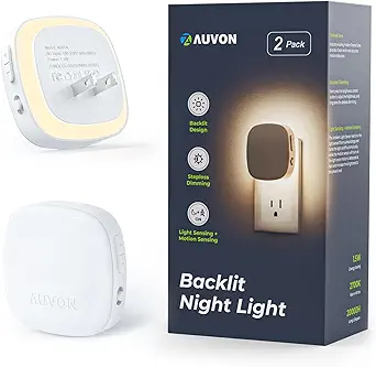 AUVON Plug-in LED Backlit Night Light with Motion Sensor & Dusk to Dawn Sensor, Dimmable Warm White Nightlight with 1-50 lm Adjustable Brightness for Bedroom, Bathroom, Stairs (2 Pack)
