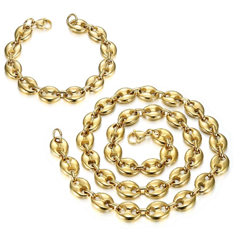 BOBIJOO Jewelry - Ensemble Chaîne + Bracelet Grain de Café Acier Or - Doré 11mm