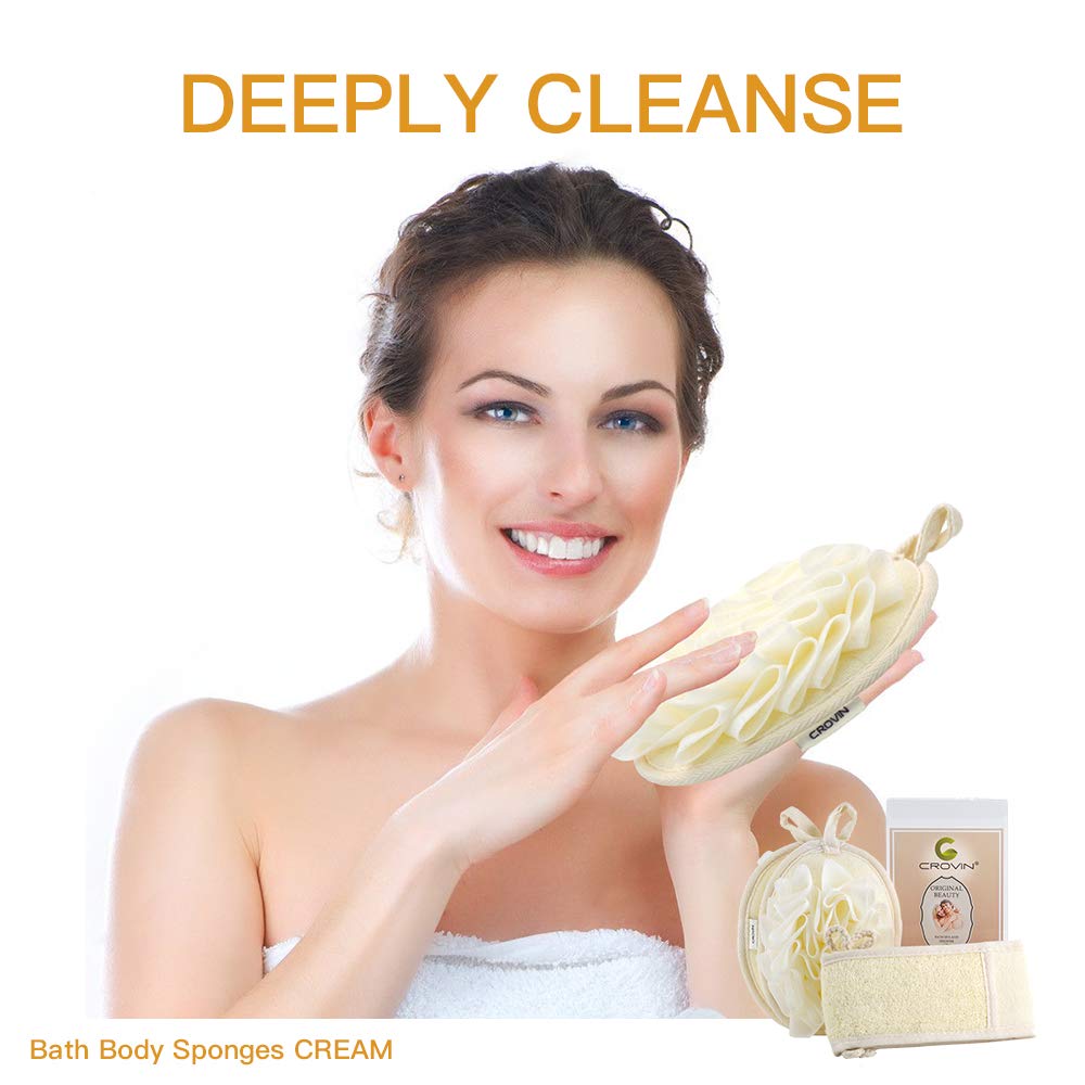 Set di spugne per il corpo in rete - Set di spugne da bagno riprogettate da bagno e doccia e scrub esfoliante per la schiena in luffa naturale. Come - Ottimo regalo per una pelle luminosa e un