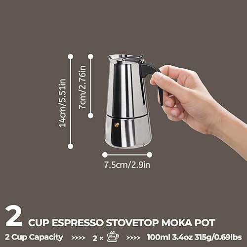 Miniatura 2 de 2 tazas de 3.4 fl oz Moka Pot de acero inoxidable, cafetera de café expreso para estufa, cafetera de estilo clásico italiano, Greca, Cafetera,