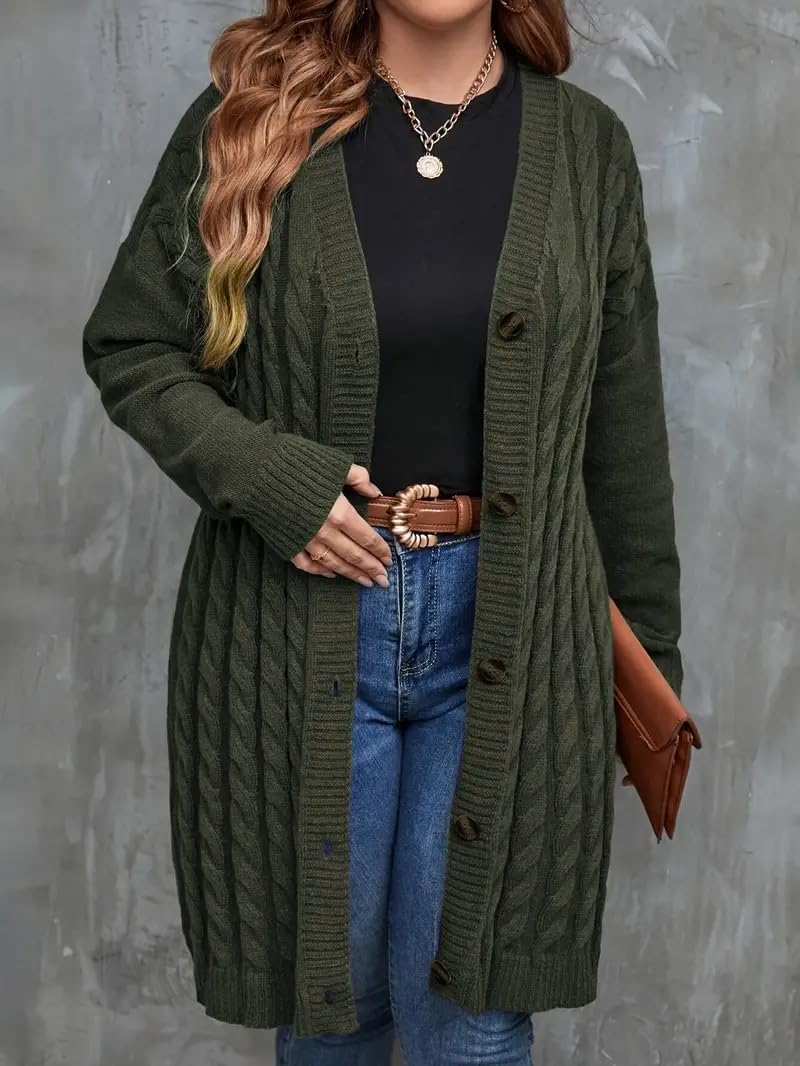 Cable Knit Long Cardigan Sweater, Button Front - Image 3