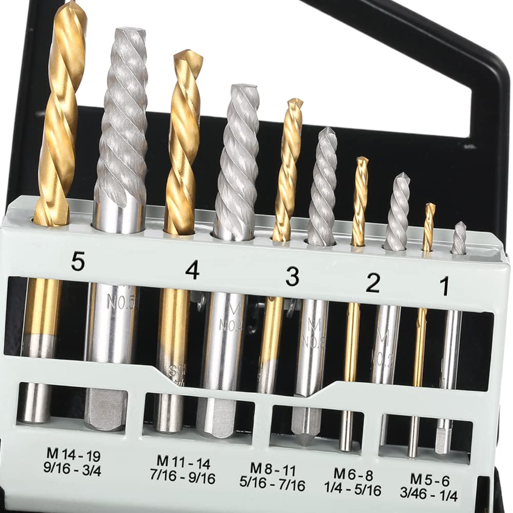 Left Hand Drill Bit Set Screw Extractor Set with Metal Case, 10pcs Screw Extractor Set with 5/64, 7/64, 5/32, 1/4, 19/64 Drill Bits for Removing Broken Bolts and Damaged Screws