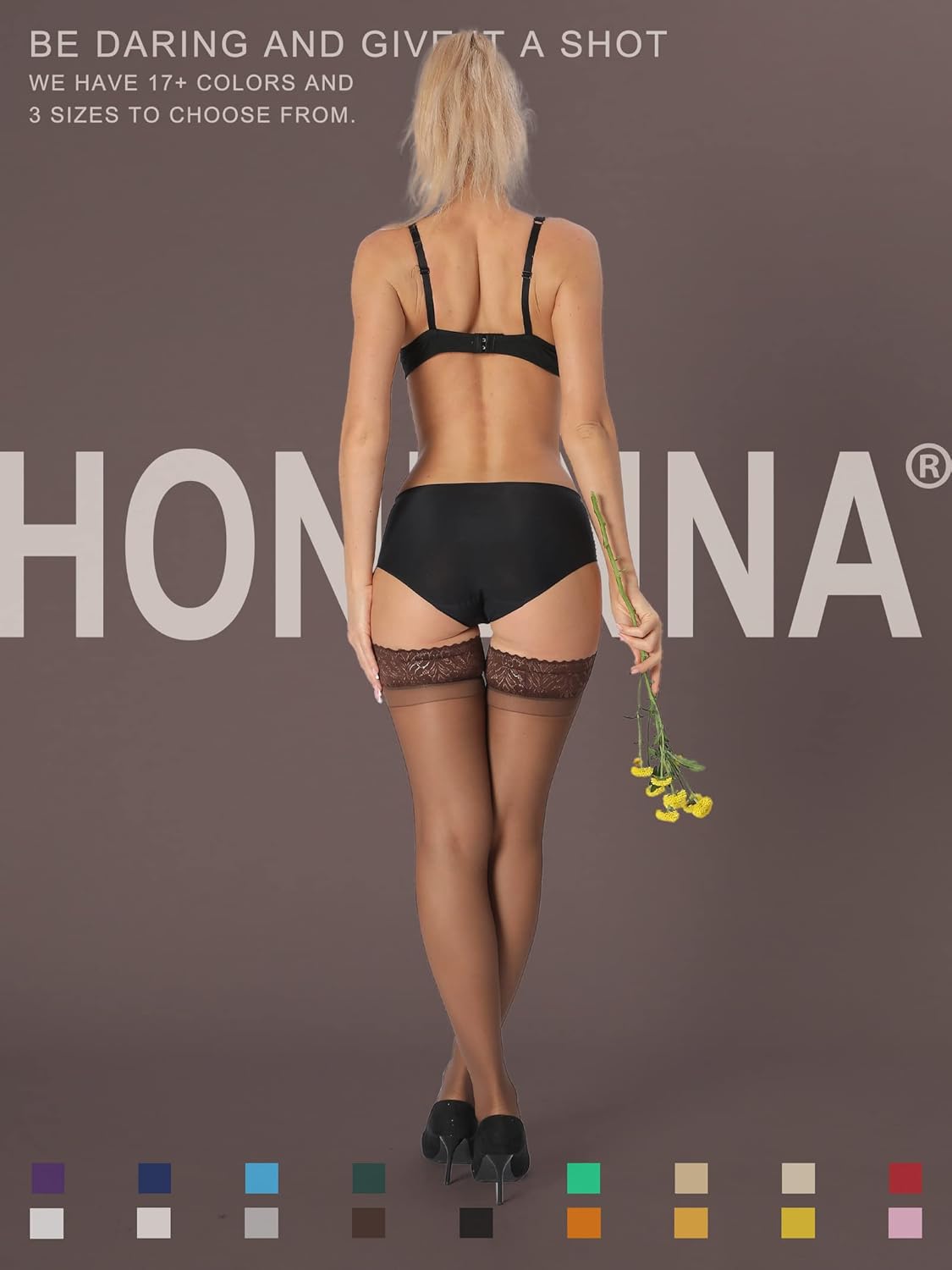 HONENNA 2 Pairs Sheer Thigh High Stockings, 17+ Colors Stay Up Lace Top with Anti-Slip Silicone for Women - Image 2