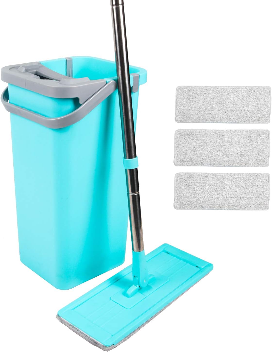 Kalokelvin Flat Mop and Buckets Set Wash and Dry Mopping System with Bucket, Stainless Steel Pole and Extra 3 Washable Mop Refill Pads for All Floor Cleaning - Blue