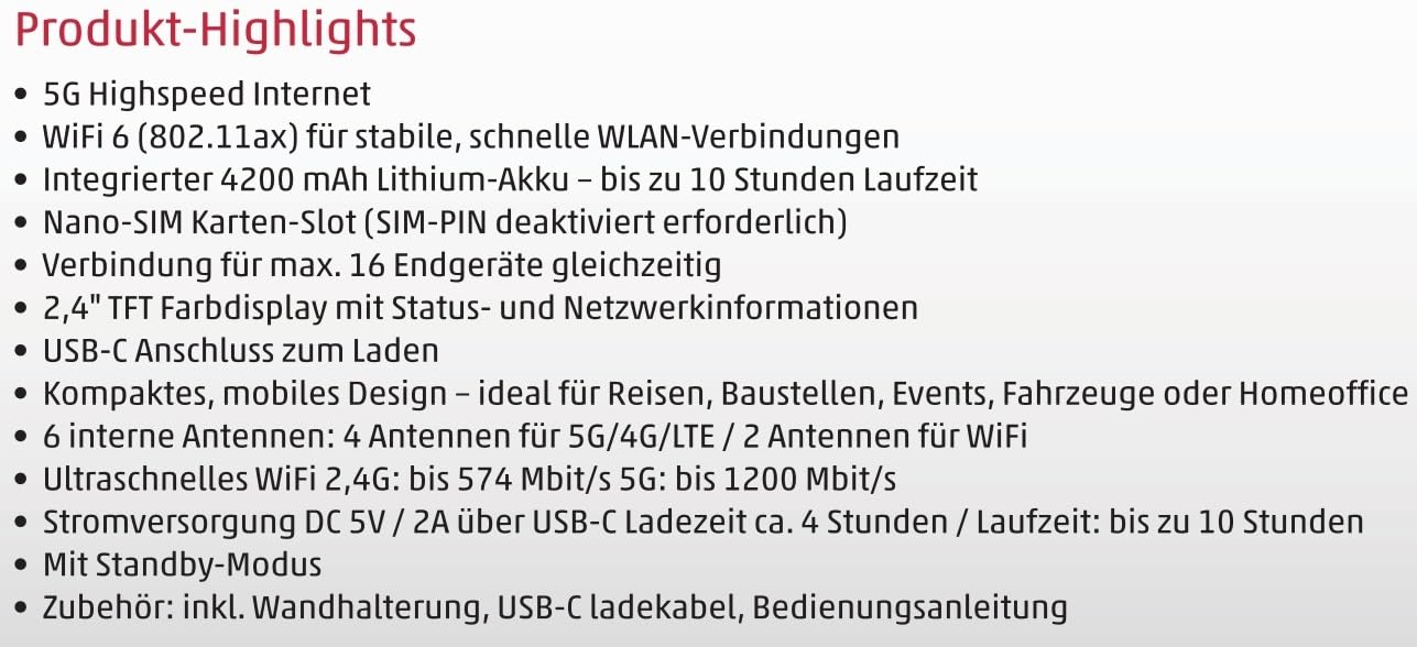 Reflexion 5GCONNECT - Mobiler 5G WLAN Router mit Akku 4200mAh, WiFi 6 Hotspot mit Nano-SIM Slot, 2,4 Zoll Display, bis 16 Geräte, USB-C, tragbarer Internet Router für Reisen/Homeoffice/Baustelle
