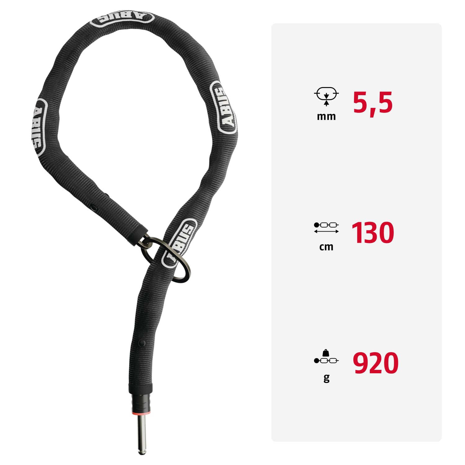 ABUS Catena da inserire nel telaio ADAPTOR CHAIN Classic 5.5KS - catena in acciaio da 5,5 mm con anello ovale - lucchetto per biciclette e e-bike - compatibile con Alarmbox 2.0 - lunghezza 130 cm nero