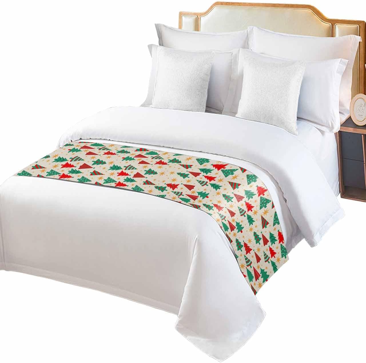Vintage Red Green Christmas Tree Bed Runners for Bedroom Hotel,Decorative Bedding Scarf Xmas Stars Retro Linen Bed End Blanket Bedding Runner Scarves for Queen Size Beds,94x20in