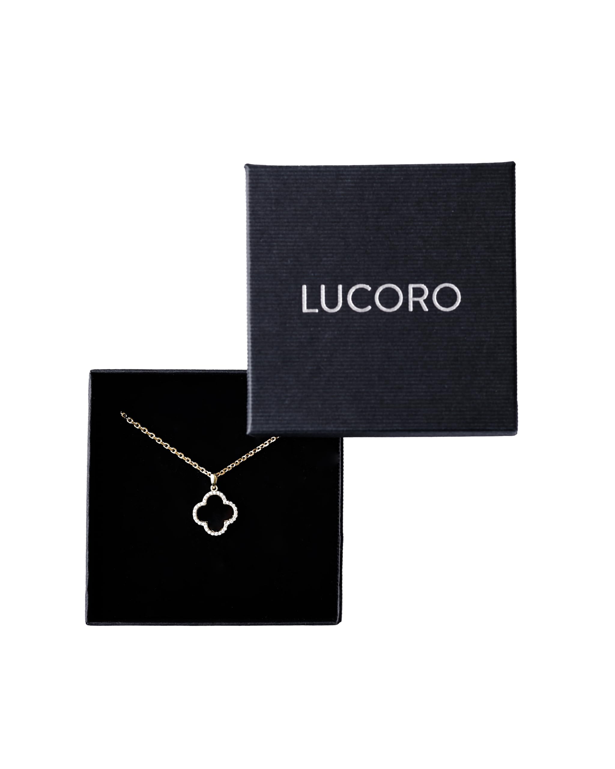 Lucoro - Kleeblatt Halskette Damen 925 Silber 18K vergoldet – Zirkonia & Onyx Anhänger, verstellbar 42–45 cm – Schmuck für Frauen & Mädchen, elegantes Geschenk mit Schmuckbox