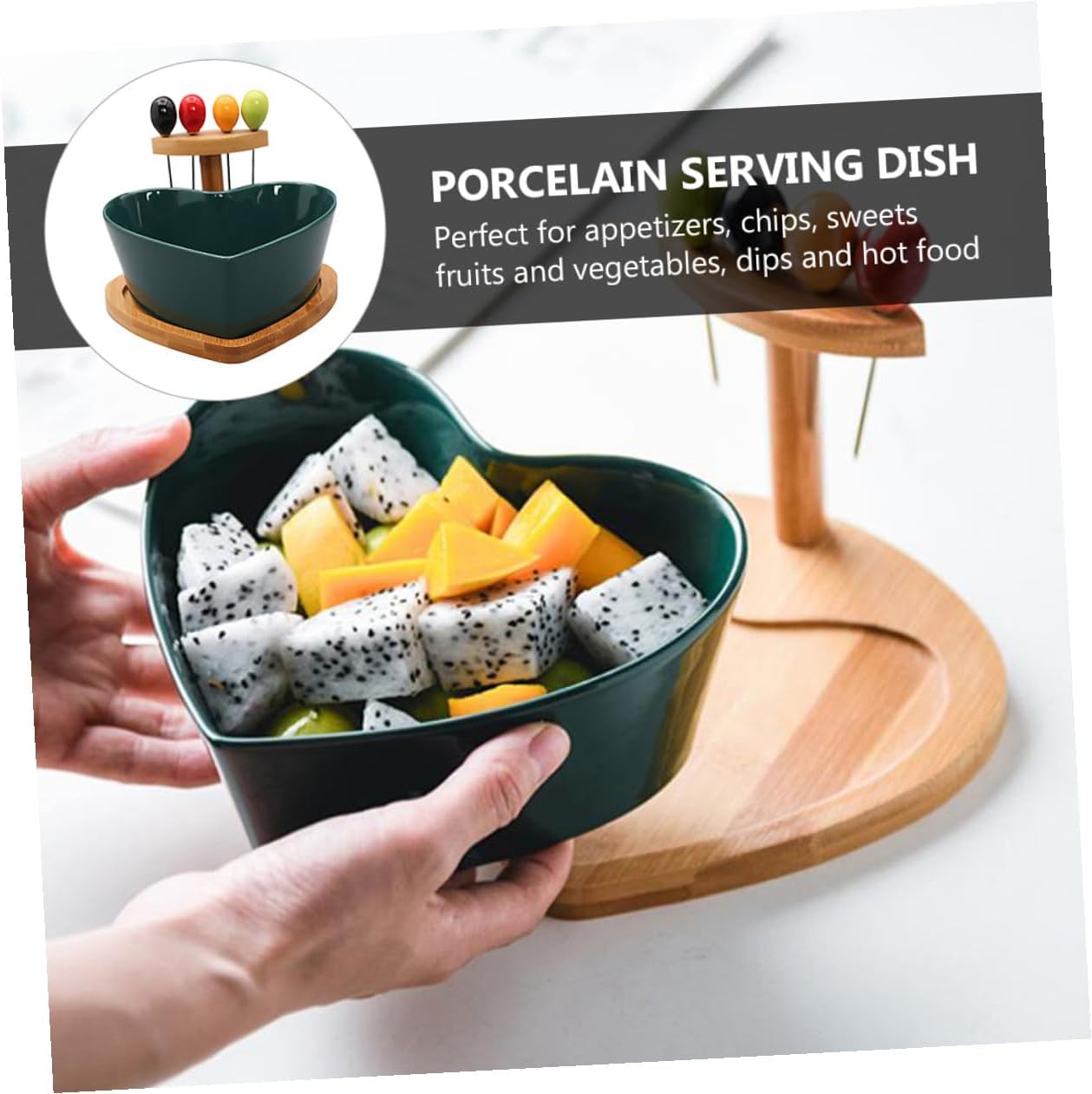 Garneck Heart Shaped Ceramic Fruit Bowl with Forks, Green Salad and Dessert Bowl for Kitchen Counter and Living Room Snacks