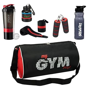 New Gym Bag Combo for Men Combo Set for Men and Women Workout - Boost Your Workout with Gym Bag,Wrist Band,Mini Gripper & Whey Container Bottle Sipper Bottle Gym Shaker (Red)