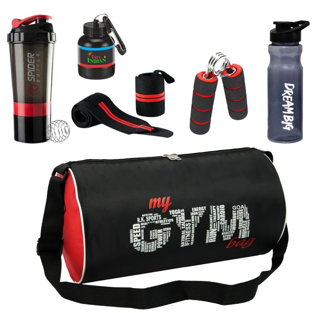 New Gym Bag Combo for Men Combo Set for Men and Women Workout - Boost Your Workout with Gym Bag,Wrist Band,Mini Gripper & Whey Container Bottle Sipper Bottle Gym Shaker (Red)-image-19