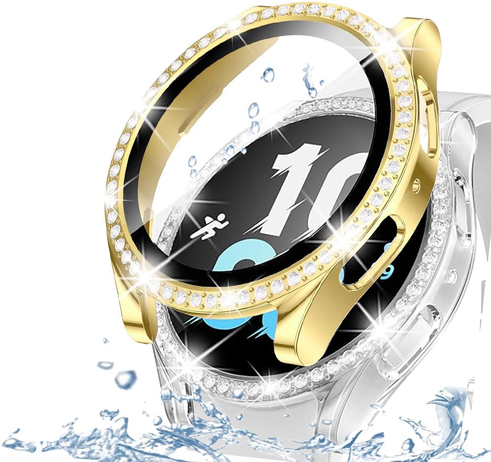 DEALELE [2-PACK] Case Compatible with Samsung Galaxy Watch 5/4 44mm, Bling Single-Row Diamond PC Protective Case Replacement Watch Cover Bumper (44mm, Gold+Transparent) — view 267