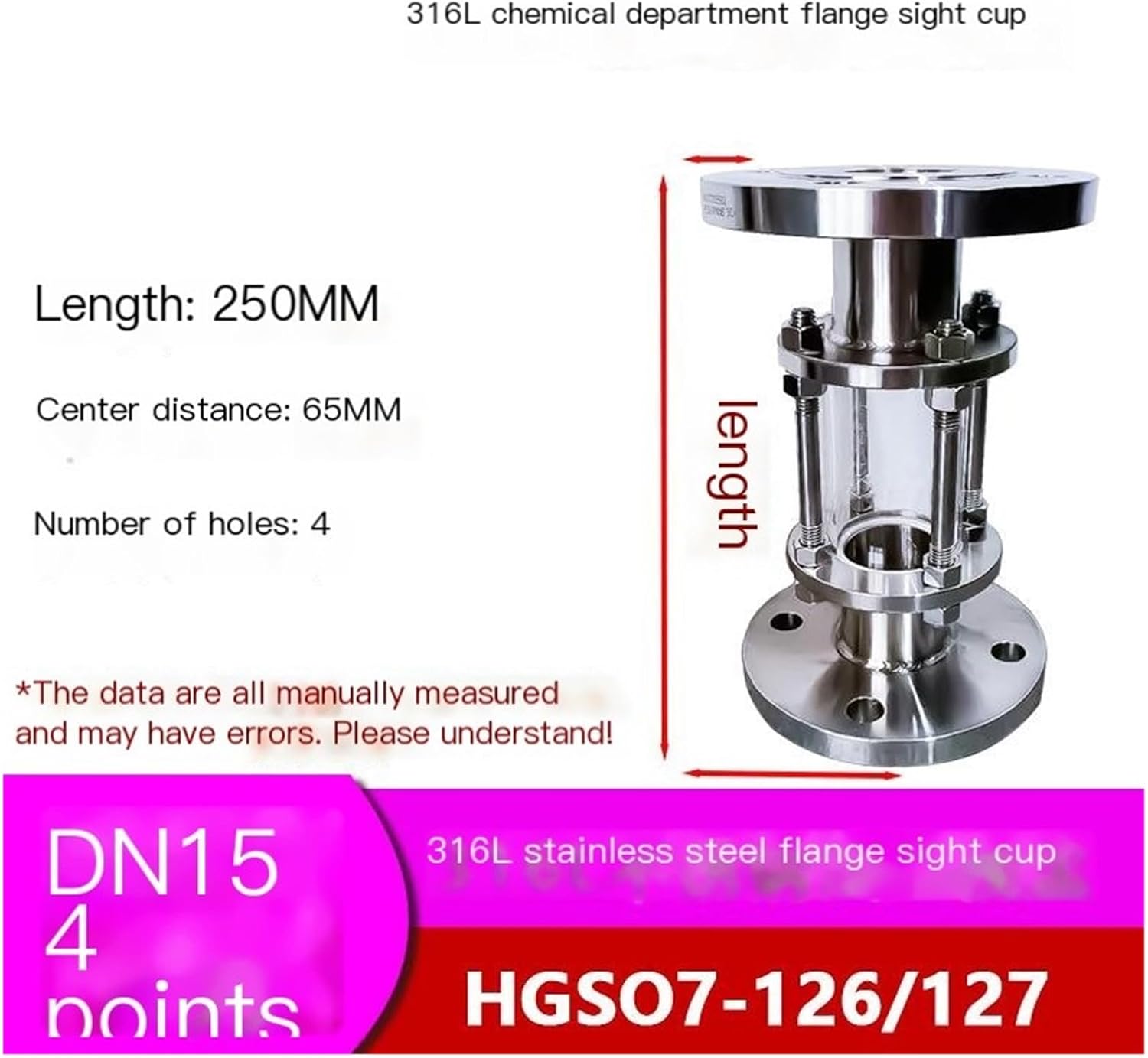 KACOME Flow Sight Glass HGS07-126 Flange Sight Glass 304/316L Stainless Steel Chemical Department Sight Glass Polished Pipe Sight Glass(316L DN15 4 Points)
