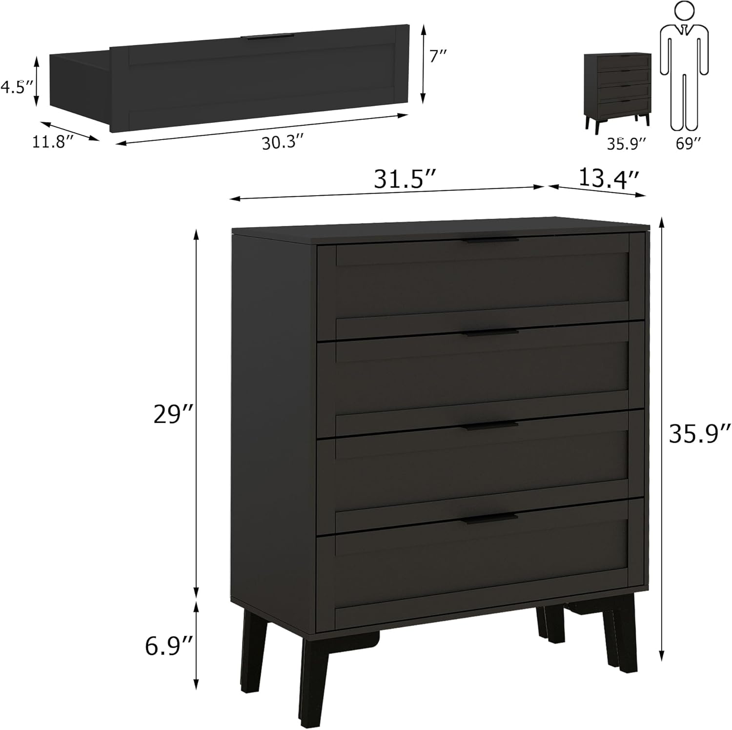 Dresser for Bedroom, Storage Organizer with 4 Drawers, Chest of Drawers,Sturdy Metal Frame, Wood Tabletop for Guest Room, Closet, Entryway, Black
