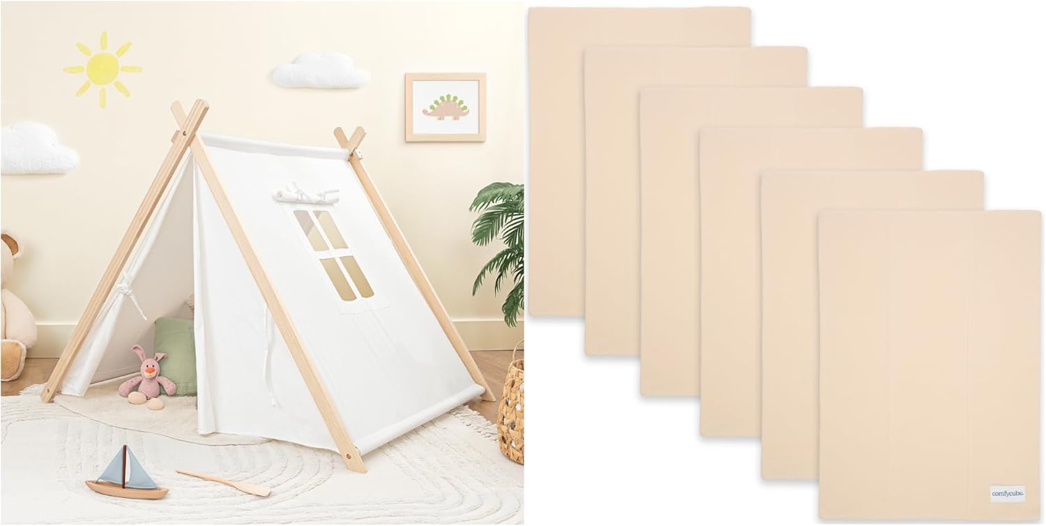 Comfy Cubs Kids Play Tent and 100% Cotton Washcloths Bundled - Pack of 6 - Large (Beige)