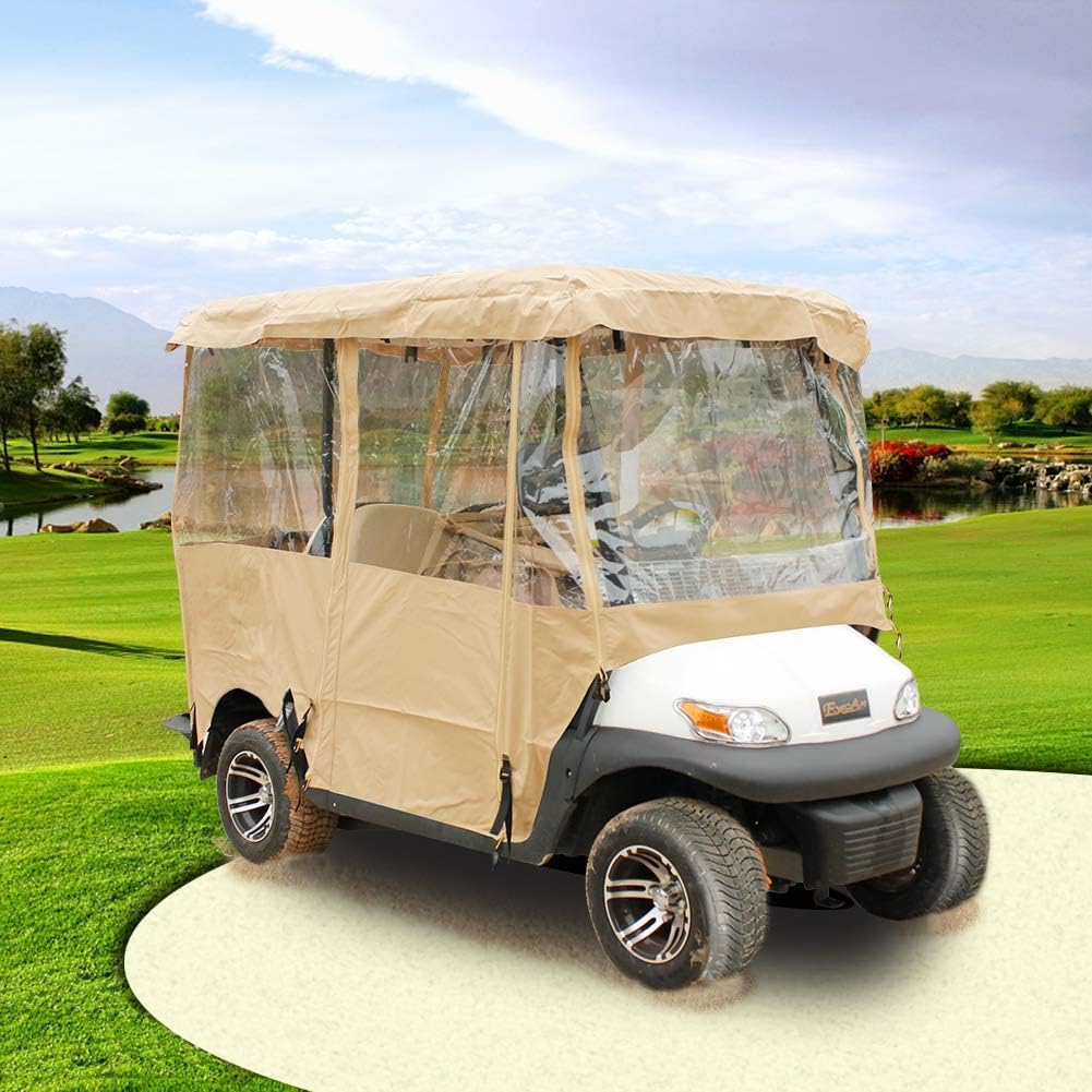 Golf Cart Covers 4 Passenger, 300D High Duty Golf Cart Cover with 6 Zipper, 4-Side Transparent PVC Windows, for EZGO Yamaha Club Cart, with Storage Bag