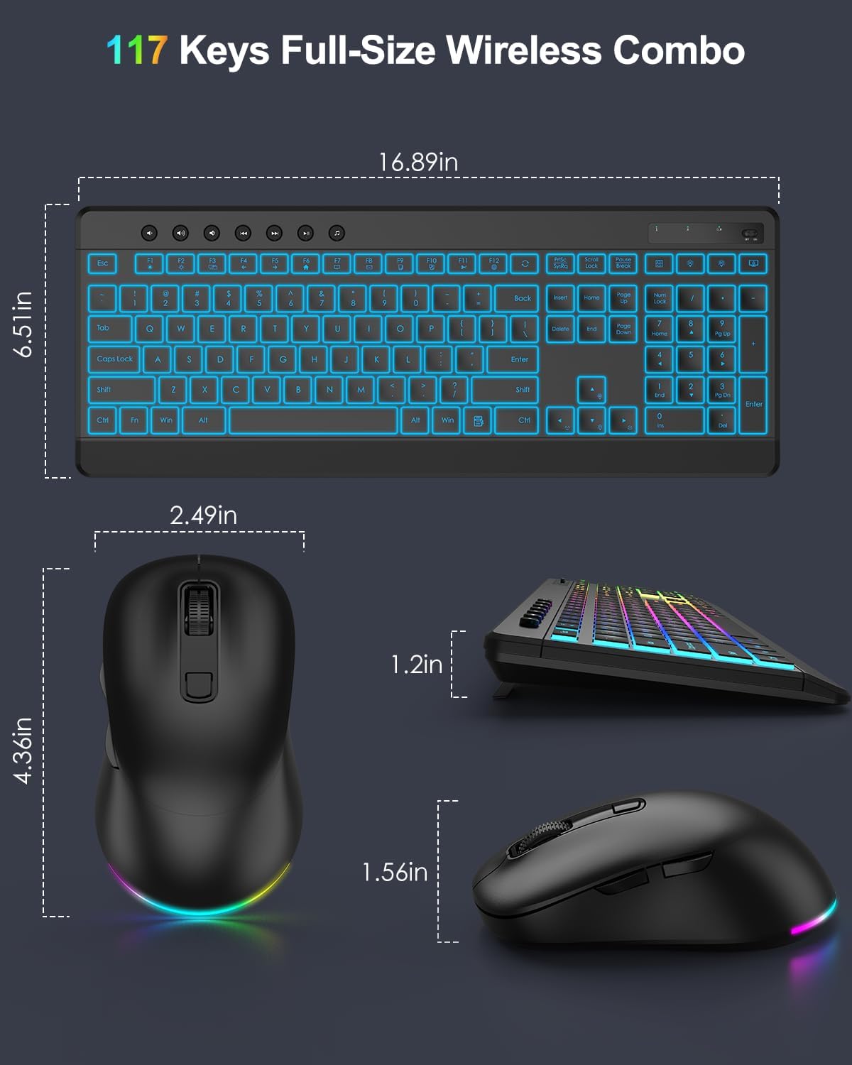 EDJO Wireless Keyboard and Mouse Combo, 10 Backlit Effects, Rechargeable 2.4GHz Silent Full-Size Light Up USB Keyboard with 6 Button RGB Mouse for Laptop, Computer, PC