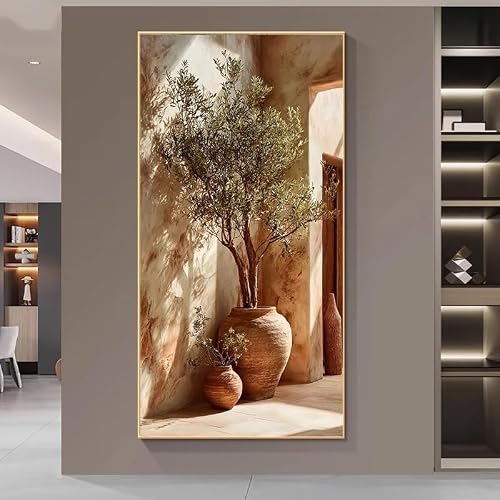 GOSRD Modern Mediterranean Olive Tree Wall Art Neutral Panel Olive Branch Canvas Prints Painting for Living Room Decor(70X140cm)