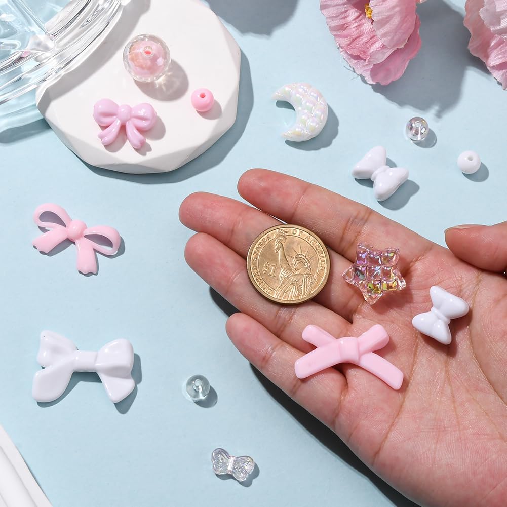 SUNNYCLUE 1 Box 350pcs Bow Bead Kit Pink Coquette Beads Valentine's Day Cute Acrylic White Bow Knot Bowtie Star Moon Round Spacers for Jewelry Making Women Wedding Birthday Bracelets Crafts Supplies image 4