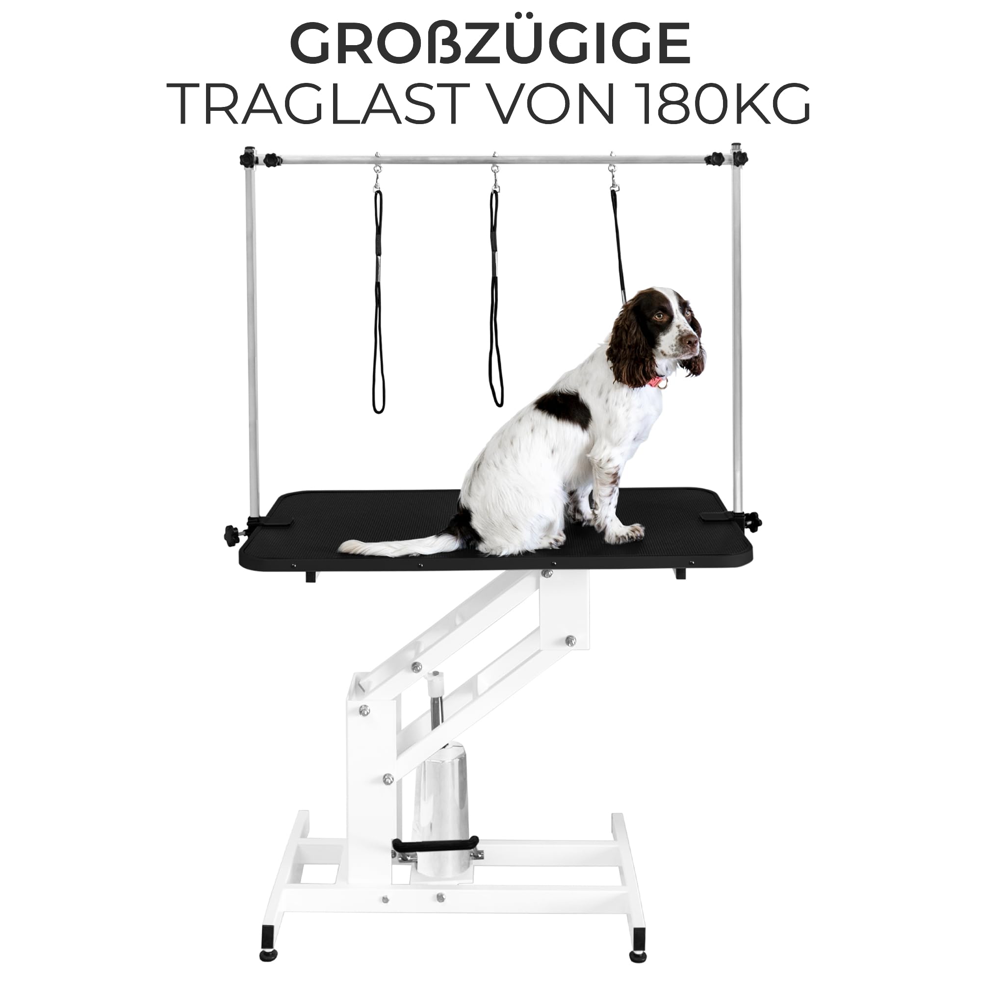 Hydraulischer Hundepflegetisch Höhenverstellbar Profi Trimmtisch | für Tiere bis zu 180kg | 106 x 61cm Gummioberfläche, 4 anpassbare Stallfüße & 3 Schlaufenleinen [Weißer Rahmen & Schwarzer Tisch]