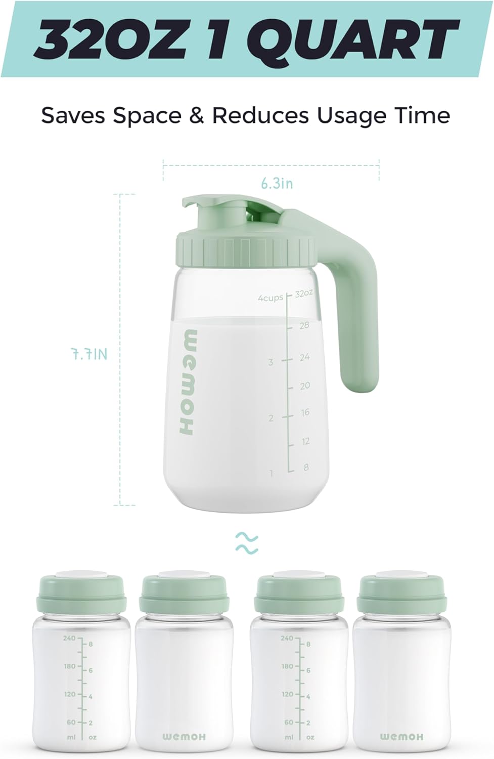 32oz Breast Milk Pitcher, 3X-Thick Heat & Cold Resistant Borosilicate Glass, Leakproof Breast Milk Fridge Storage Container with Wide Mouth & Ergo Grip, Dishwasher Safe, Fast Baby Formula Maker - Image 8