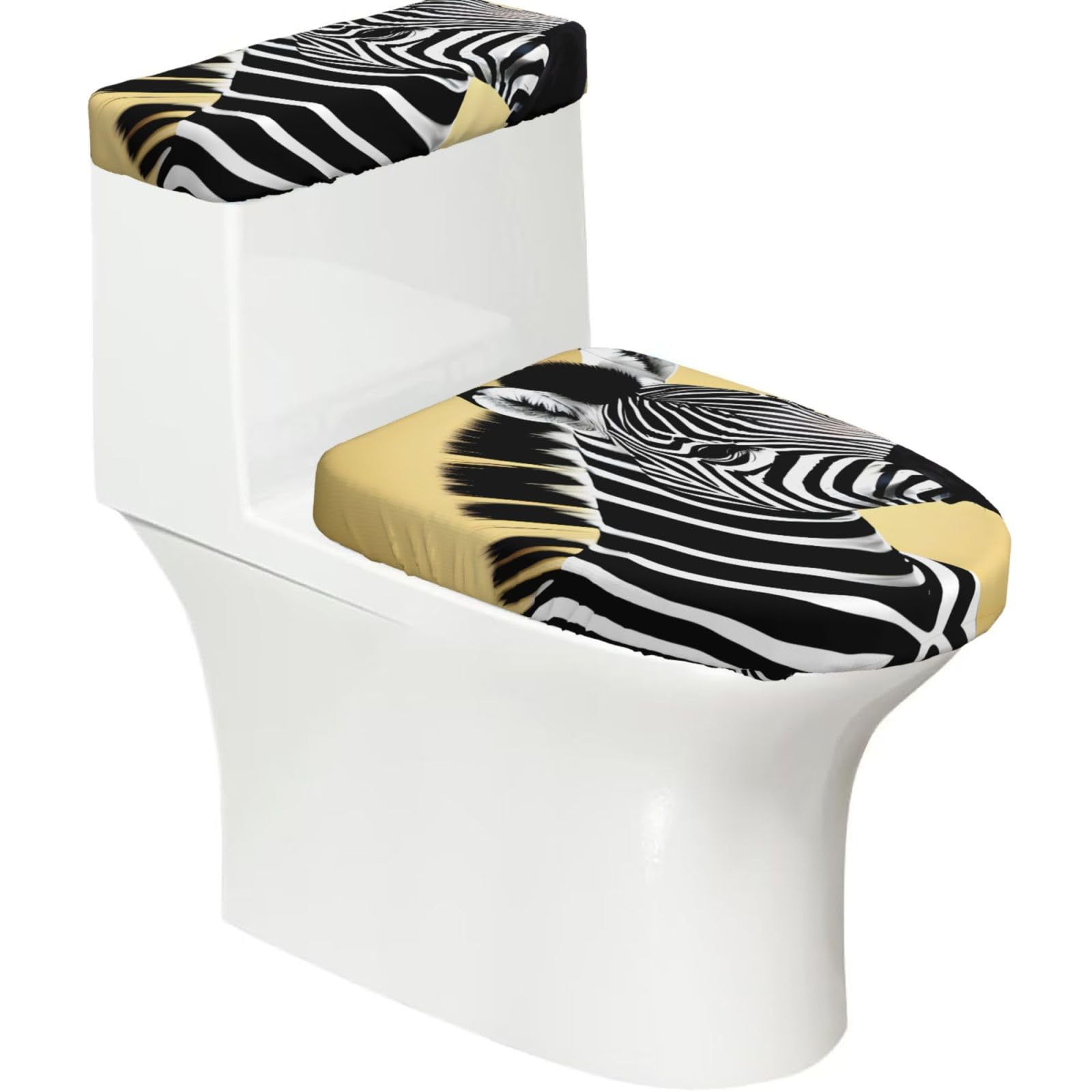 Black and White Zebra 2-Piece Toilet Seat Cover Set with Tank Lid - Elastic for U-Shape & Elongated - Bathroom Decor
