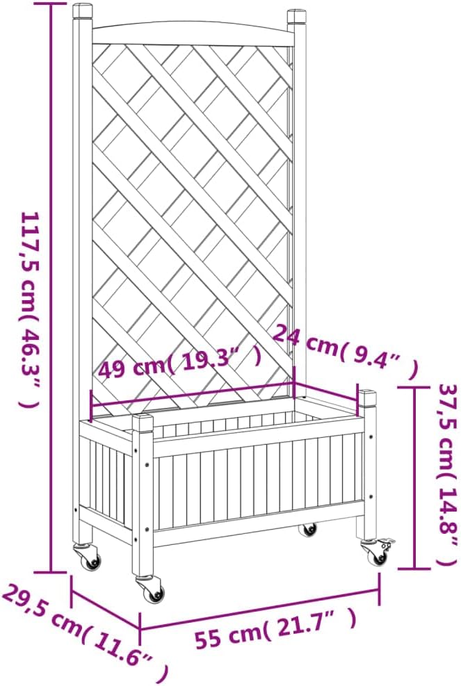 vidaXL Outdoor Planter with Trellis and Wheels - Brown Solid Fir Wood Flower Box, Ideal for Patio, Garden, and Balcony