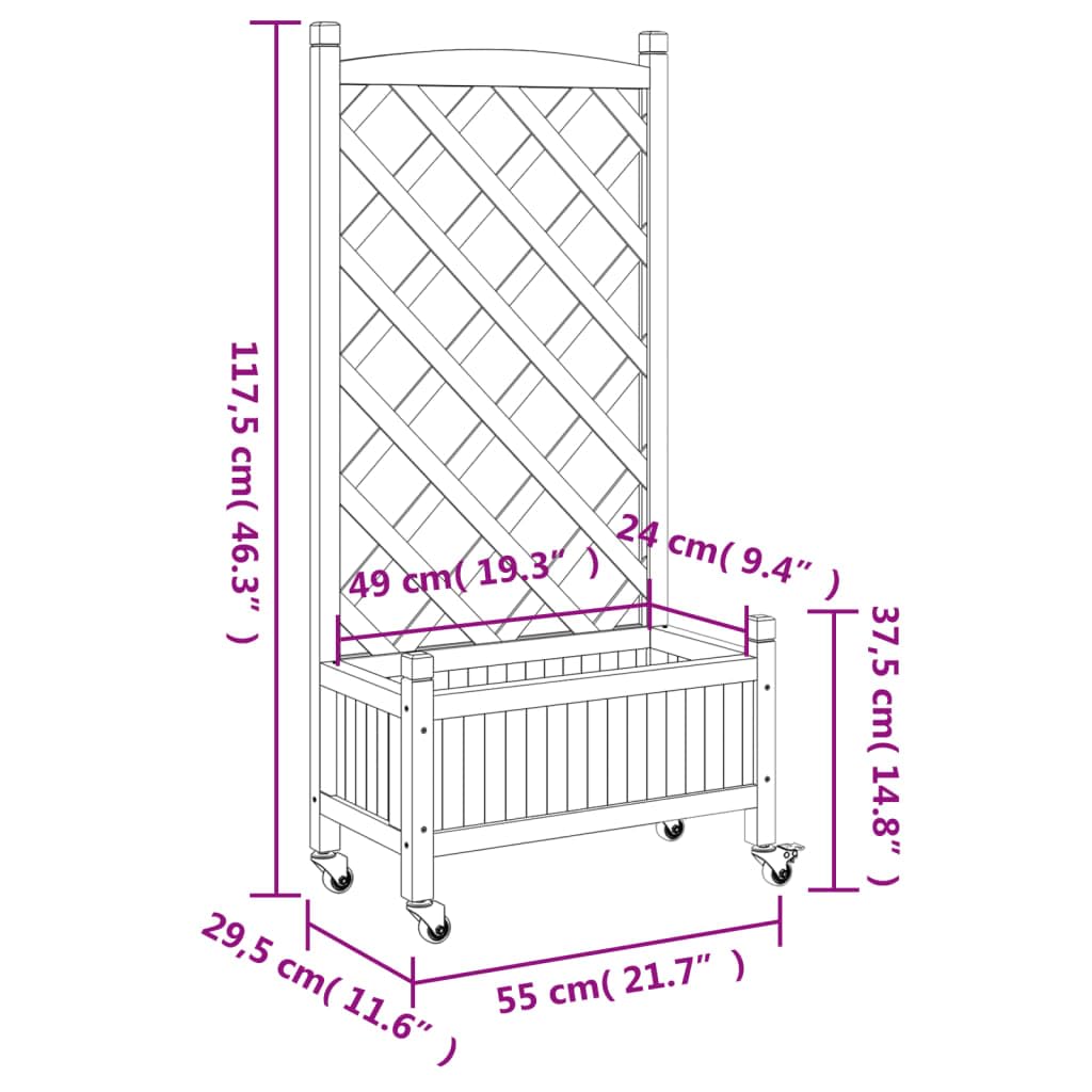 Pflanzkübel mit Rankgitter und Rollen Grau Massivholz Tanne 55x29,5x117,5