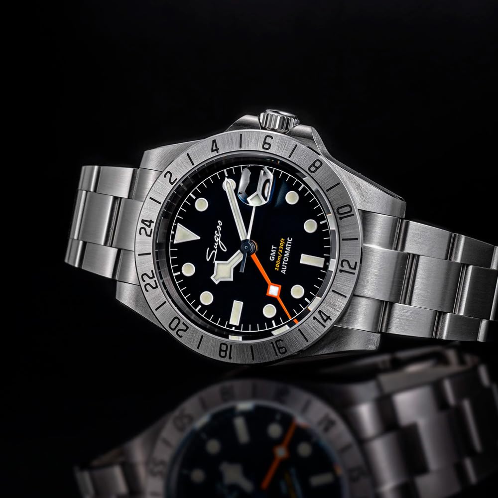 Seestern Sugess S463 GMT Automatikuhr aus schwarzem Stahl mit Datumsanzeige Saphir für Herren