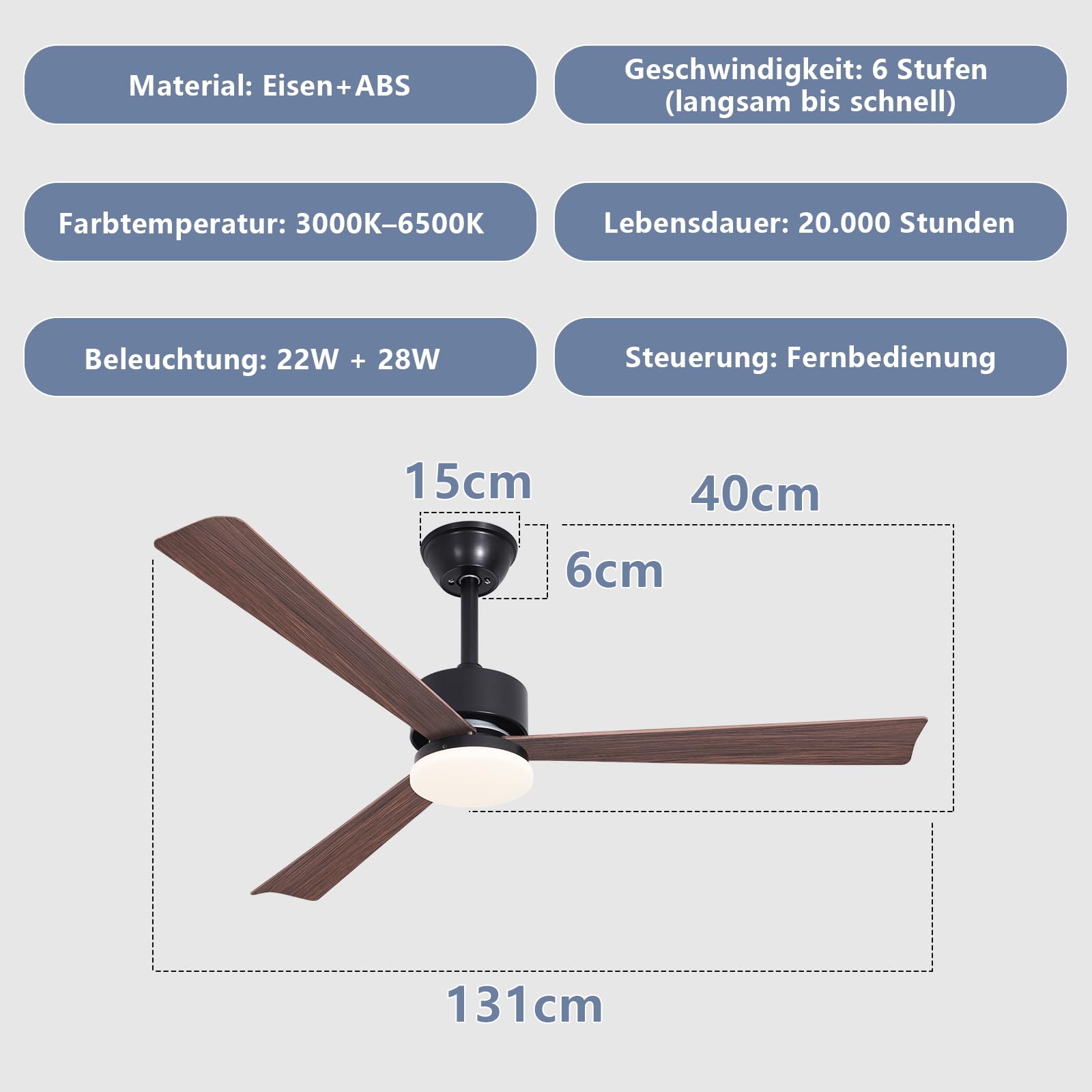 Homefire Ventilateur de plafond LED 131 cm avec éclairage, silencieux, 3 pales, télécommande