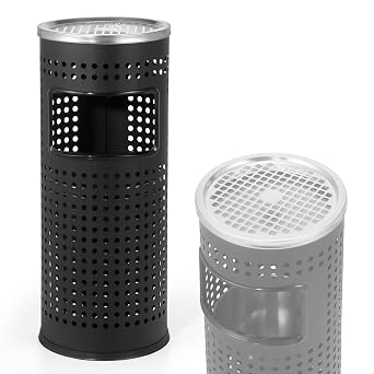 IRONWALLS Outdoor Indoor Trash Can Commercial, Stainless Steel Garbage Can with Lid, Hollow-Out Round Metal Trash Receptacle Waste Container for Patio, Office, with Removable Inner Bucket, Black