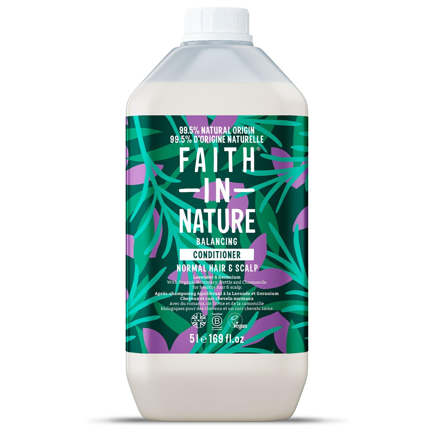 Faith In Nature Balsamo Naturale Lavanda e Geranio, Equilibrante per Capelli e Cuoio Capelluto Normali, Vegano e Cruelty Free, Senza SLS, Siliconi o Parabeni, Confezione Ricarica 5L