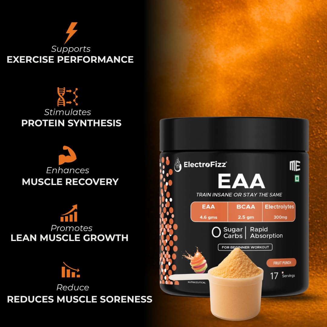ElectroFizz EAA 4.6 gms with 2.5 gm BCAA with Vitamin & Electrolyte Blend for Muscle Recovery & Endurance - Pre/Post Workout & Intra Workout - 100 gms (EAA Fruit Punch) - Image 3 thumbnail