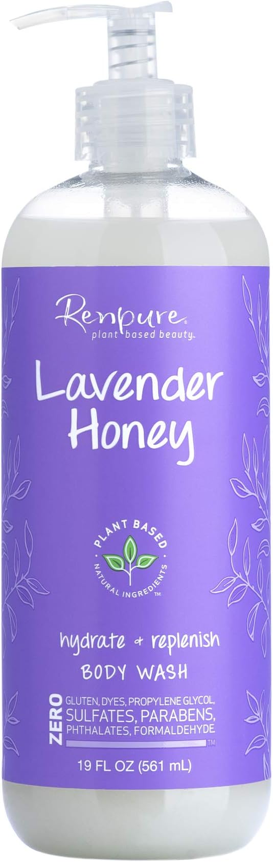 RENPURE Plant-Based Organic Natural Lavender Body Wash, Manuka Honey & Coconut Oil for Body – Sulfate Free, Moisturizing Shower Gel & Sensitive Skin Body Wash with Pump for Women, 19 Ounce