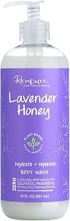 RENPURE Plant-Based Organic Natural Lavender Body Wash, Manuka Honey & Coconut Oil for Body – Sulfate Free, Moisturizing Shower Gel & Sensitive Skin Body Wash with Pump for Women, 19 Ounce