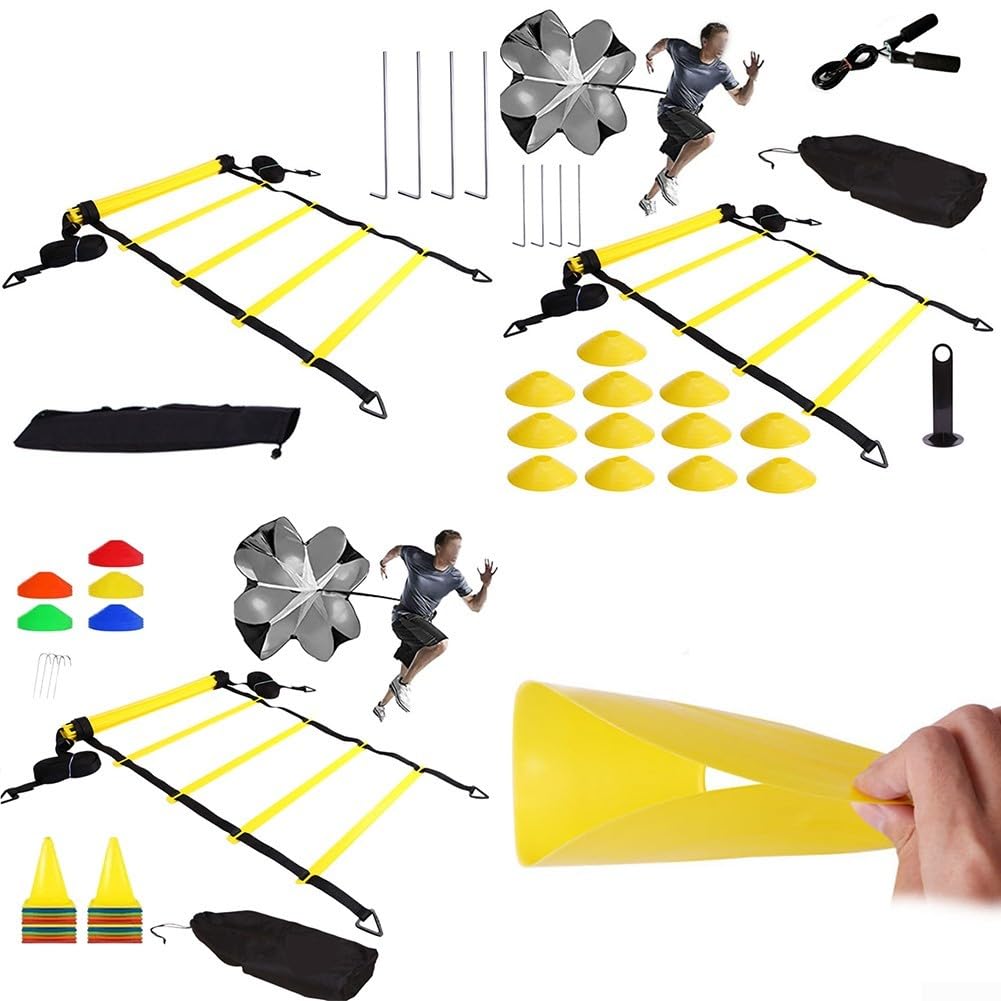 Set di scaletta per allenamento agilità, con coni da paracadute e picchetti per calcio, calcio, basket, sport all'aria aperta, fitness, colore giallo (B)