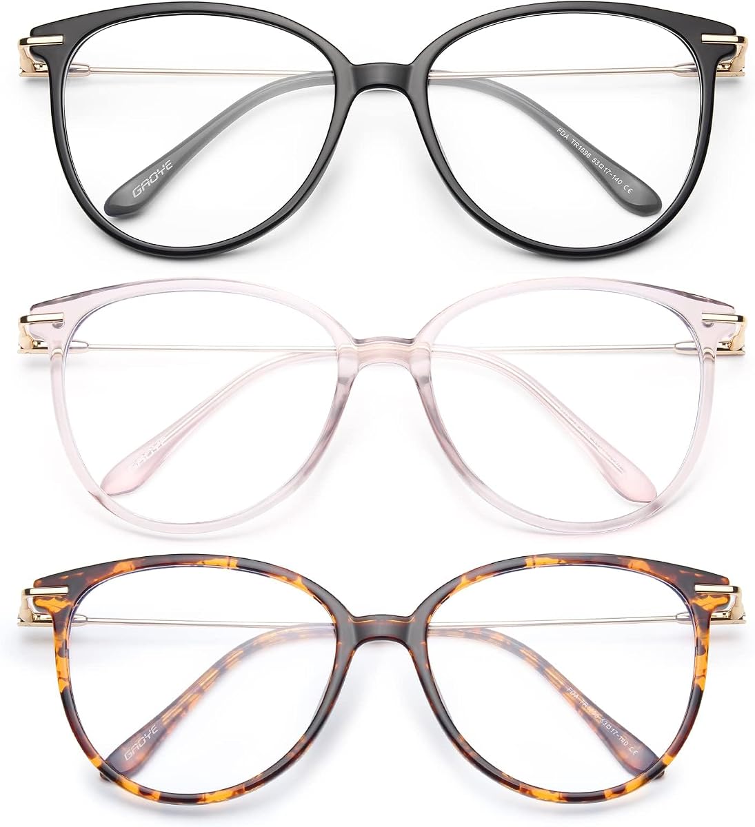 Gaoye Gafas redondas de bloqueo de luz azul | Protección UV400, marcos redondos TR90, brazos de metal, estuche blando a juego, negro + rosa + leopardo té