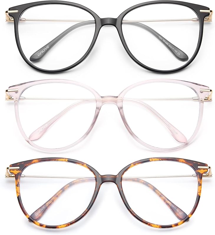 Gaoye lentes redondas de bloqueo de luz azul | Protección UV400, marcos redondos TR90, brazos de metal, estuche blando a juego, negro + rosa + leopardo té