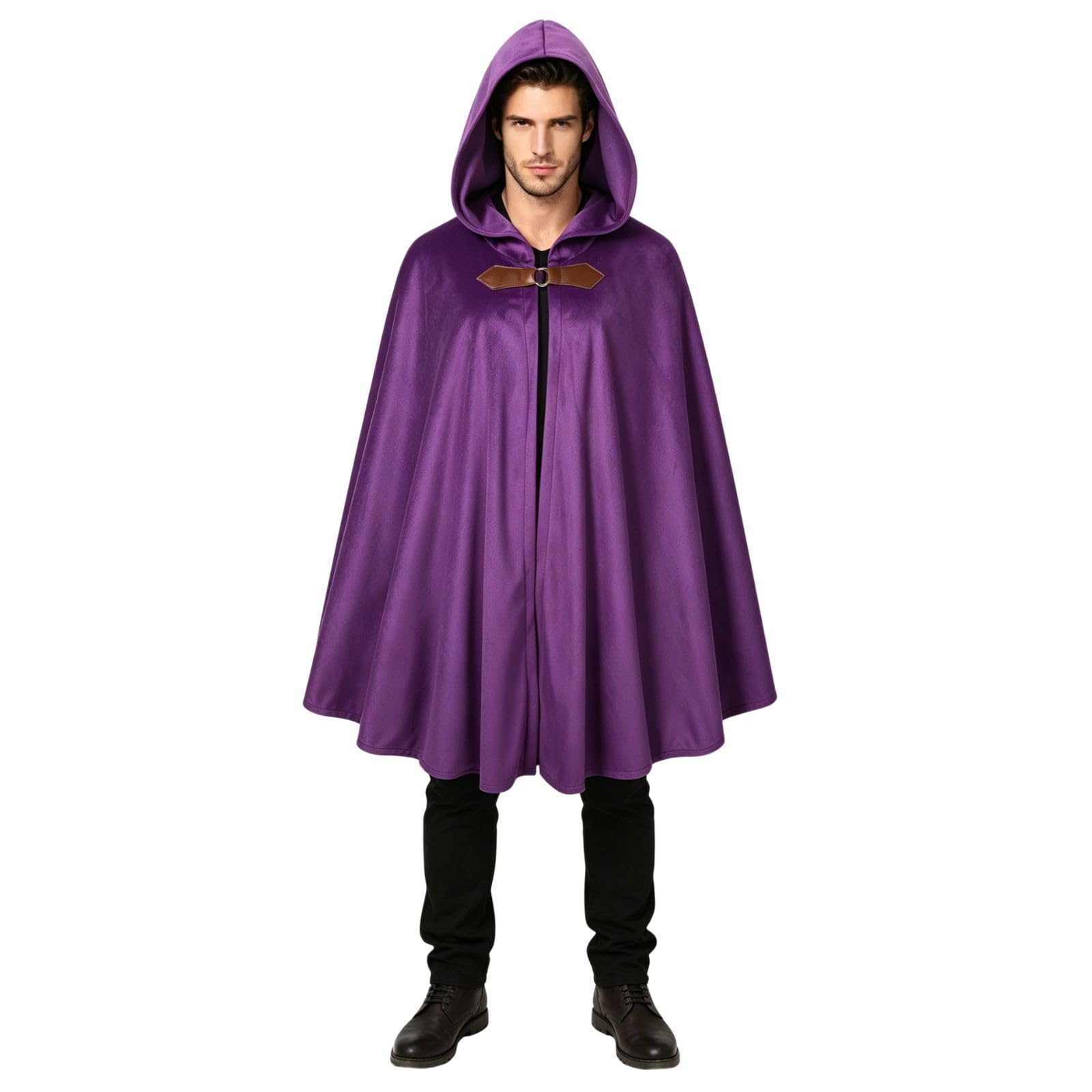 HAPNBCELE Adults Medieval Cloak with Hood, Renaissance Cape Costume Halloween Wizard Cosplay LARP Renaissance Fair RPG Party (Purple, 31.5“/80cm)