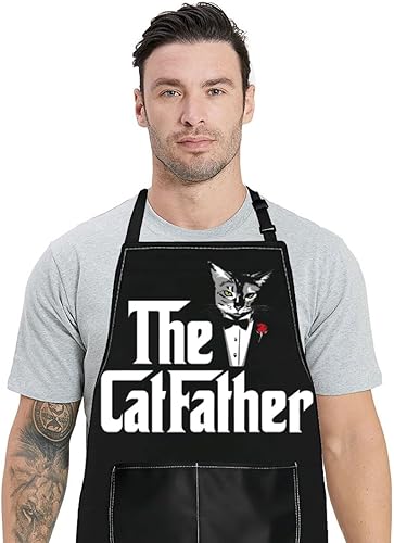 WZMPA Divertido delantal de cocina Catfather con bolsillos, regalo para papá y gato, delantal ajustable para cocinar, hornear, asar a la parrilla