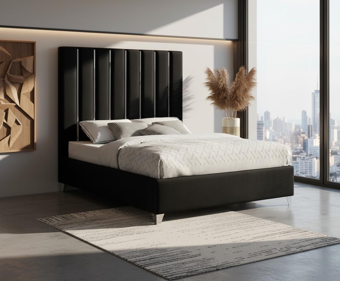 Meridian Furniture Enzo Collection Modern | Contemporary Velvet Upholstered Bed with Deep Channel Tufting and Chrome Accent Design, Black, Full