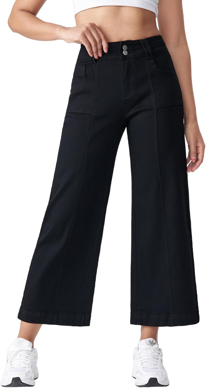 Women’s Wide Leg Petite Jeans High Waisted Stretchy Cropped Denim Pants