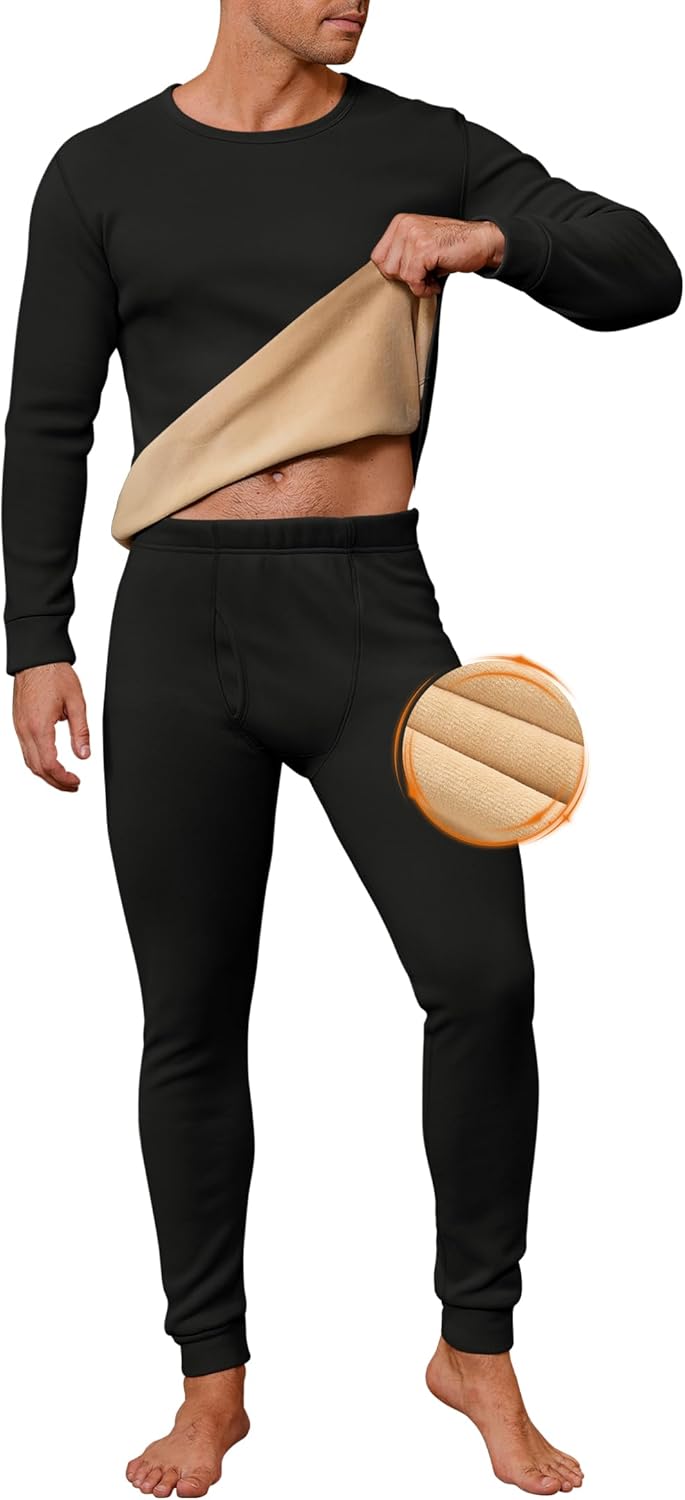 Men's Thermal Underwear Set Heavyweight Soft Fleece-Lined Top and Long Johns Winter Base Layer (S-XXL)