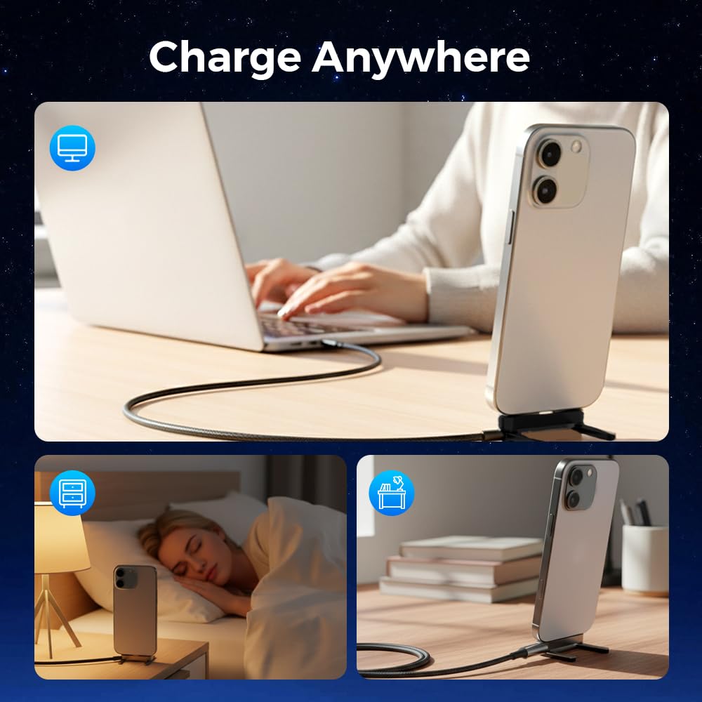 Cavo USB A a USB C, cavo di ricarica (1,2 m), 65 W, intrecciato con supporto integrato a forma di T pieghevole per iPhone 17, Samsung Galaxy Note 10/S10+ S10, LG V30 (confezione da 3)
