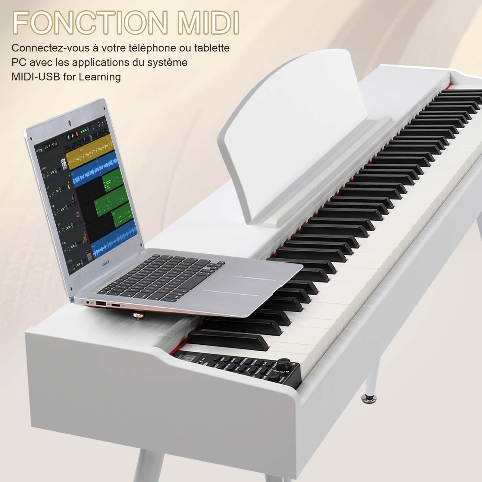 LALAHO E-Piano, pianoforte digitale a 88 tasti, per principianti, tastiera con 3 pedali, supporto a quattro zampe, doppio Bluetooth, altoparlante stereo, bianco