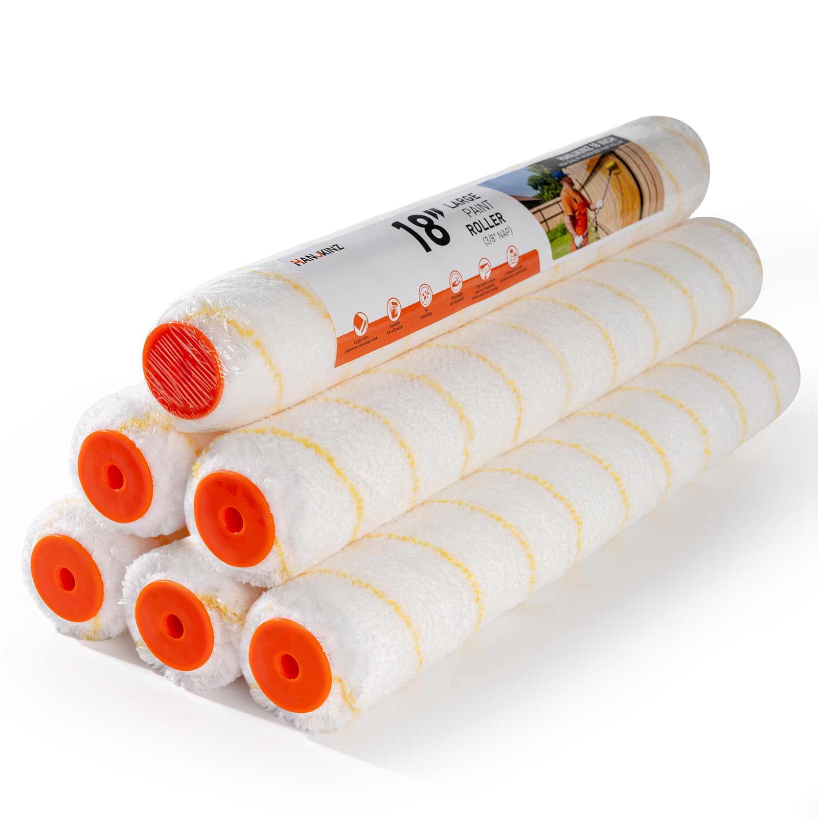 18 Inch Microfiber Paint Roller Covers, 6 Pack, 3/8 Nap
