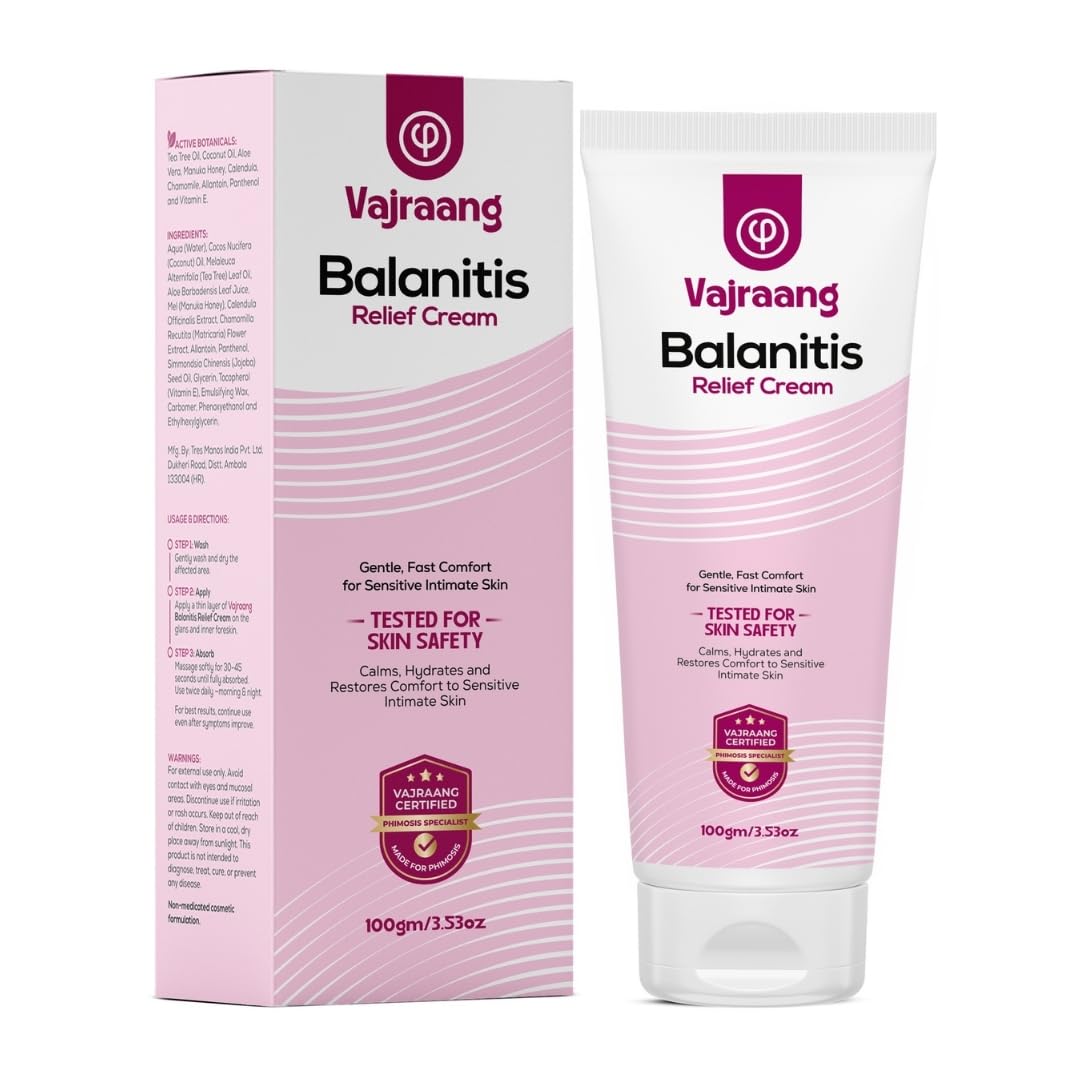 Amazon.com : Vajraang Balanitis Relief Cream for Men  Comforts from  Foreskin Itch, Redness & Glans Irritation  With Tea Tree Oil, Manuka Honey  & Calendula  For the Uncircumcised (3.53oz) :